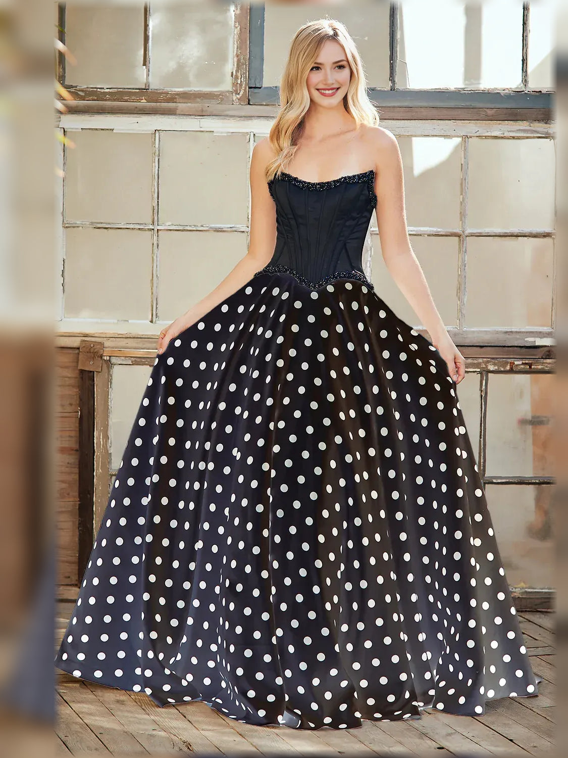 Black a-line floor-length formal dress with beading, alternate view