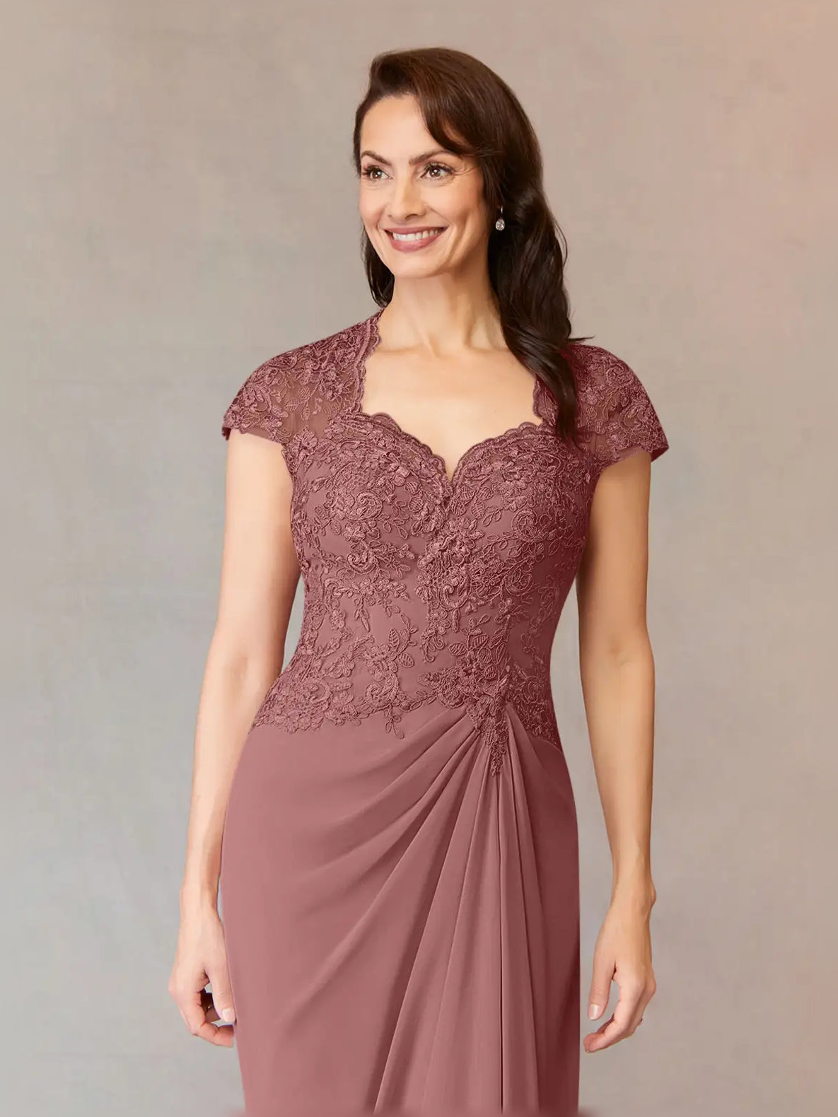 Cabernet maxi mother of the bride dress, alternate view showing the bodice and skirt from another angle
