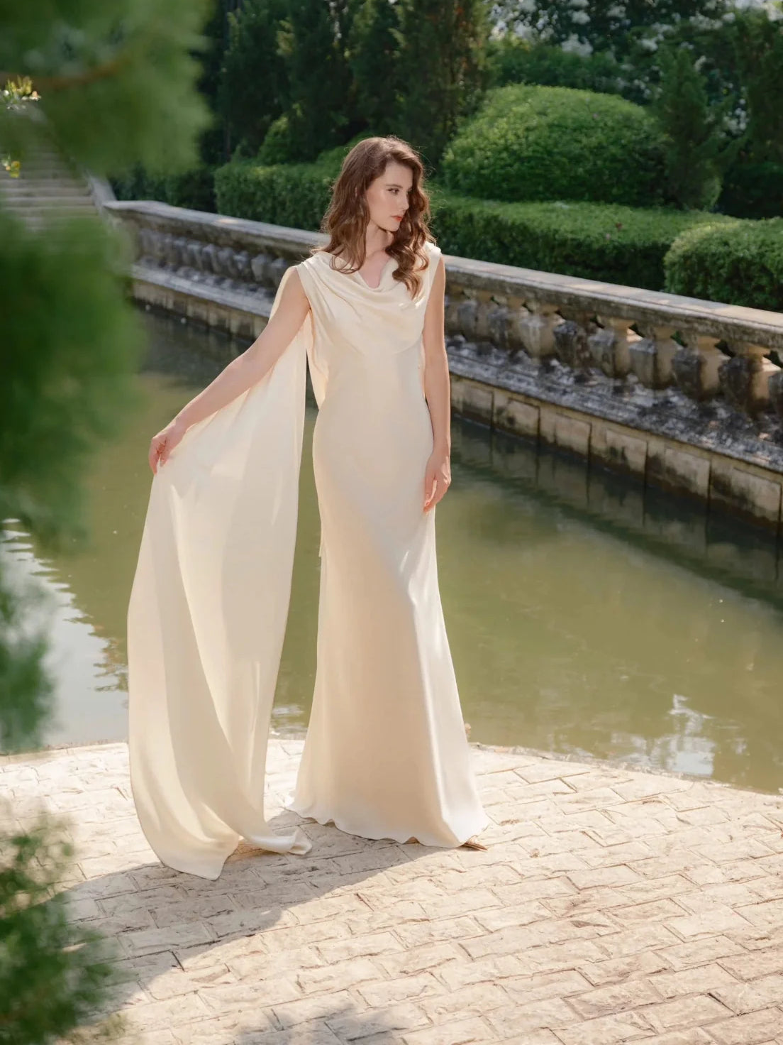 Ivory floor-length wedding dress, alternate view showing the bodice and skirt
