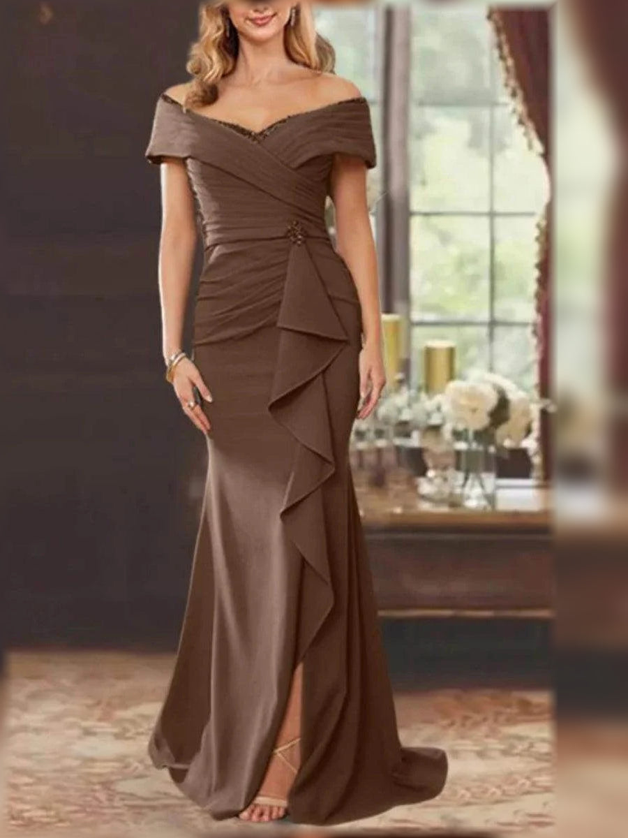 Chocolate floor-length mother of the bride dress, alternate view showing the bodice and skirt