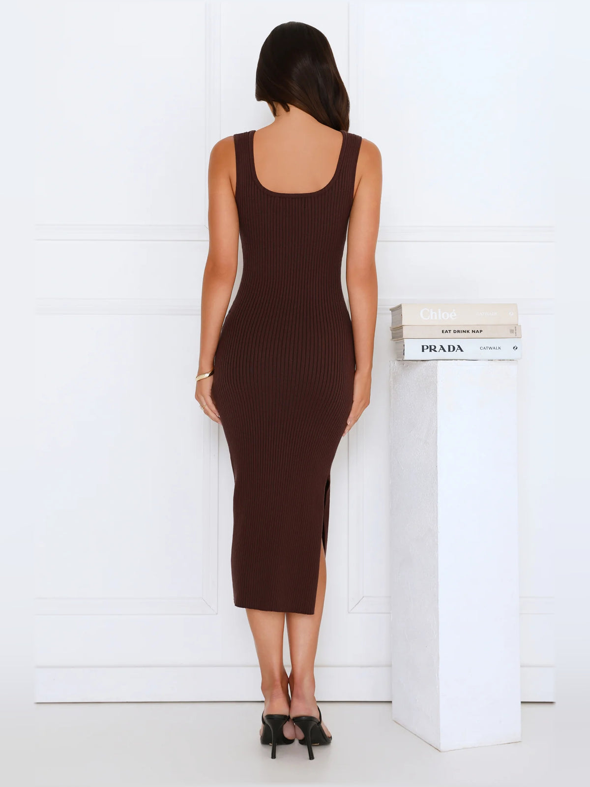 Brown midi formal dress, alternate view showing the overall silhouette