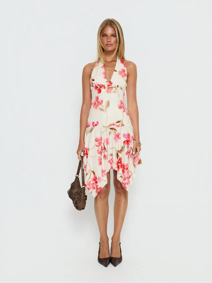 Cream Floral midi formal dress with floral print, alternate view showing the overall silhouette