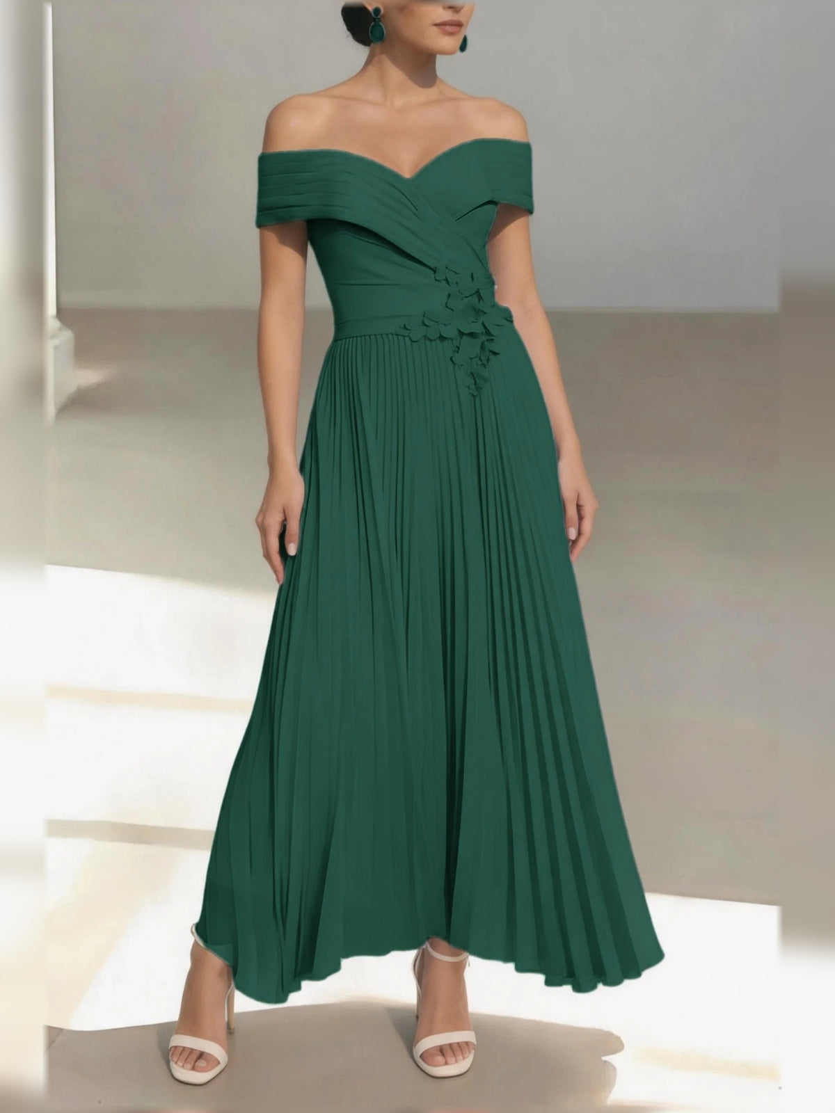 Emerald Green midi mother of the bride dress, alternate view showing the bodice and skirt