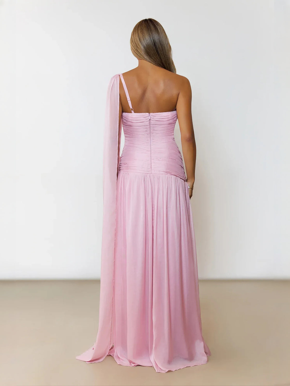 Dusty Blue maxi prom dress, alternate view showing the bodice and skirt from another angle