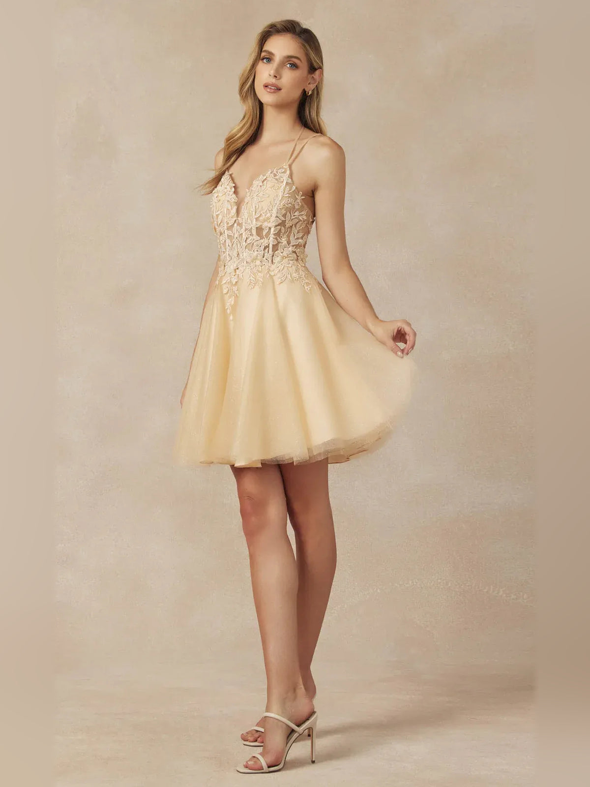 Champagne short homecoming dress, alternate view showing the bodice and skirt
