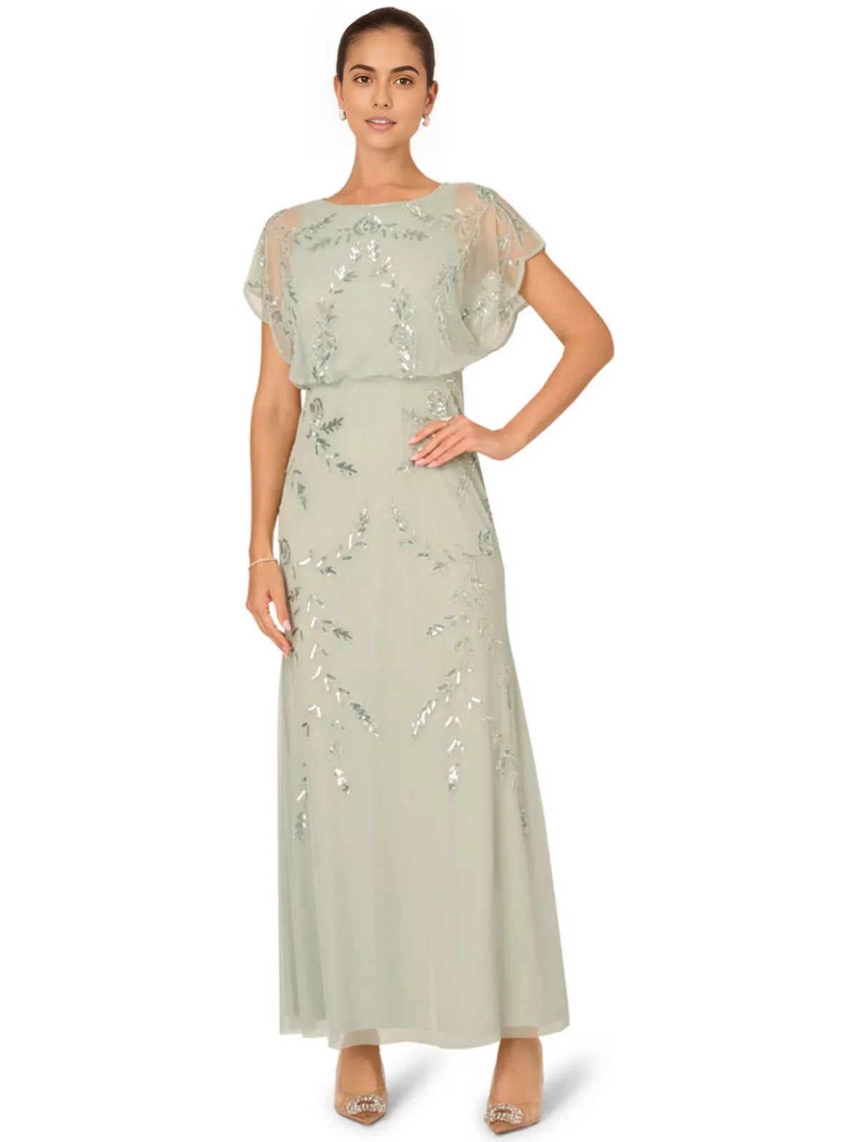 Sage Green maxi mother of the bride dress, alternate view showing the bodice and skirt