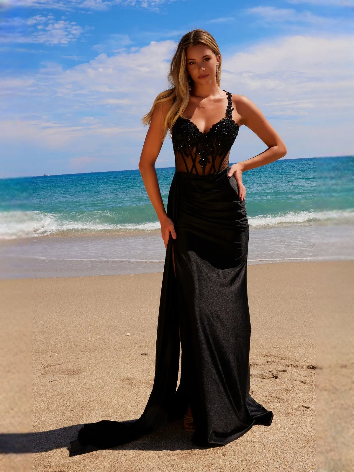 Cobalt Blue mermaid floor-length formal dress with beading, alternate view showing the overall silhouette