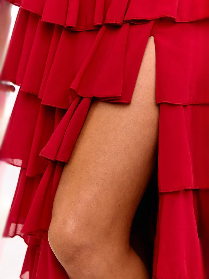 Pink maxi prom dress, alternate view showing the bodice and skirt from another angle