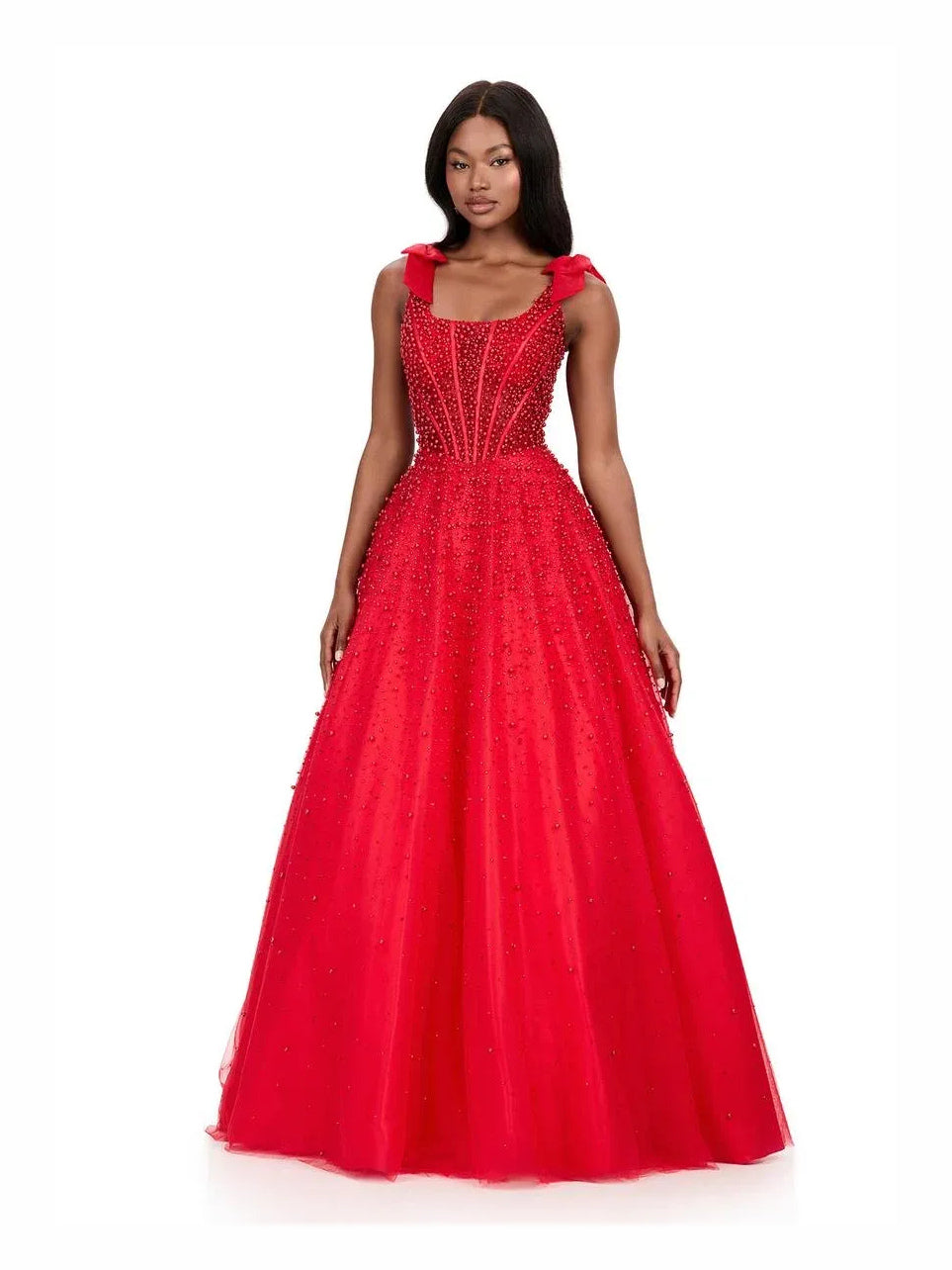 Red floor-length prom dress, alternate view showing the bodice and skirt