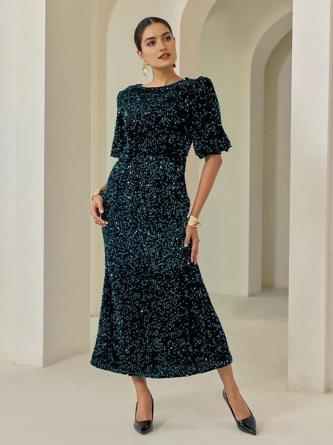Jungle Green midi prom dress, alternate view showing the bodice and skirt