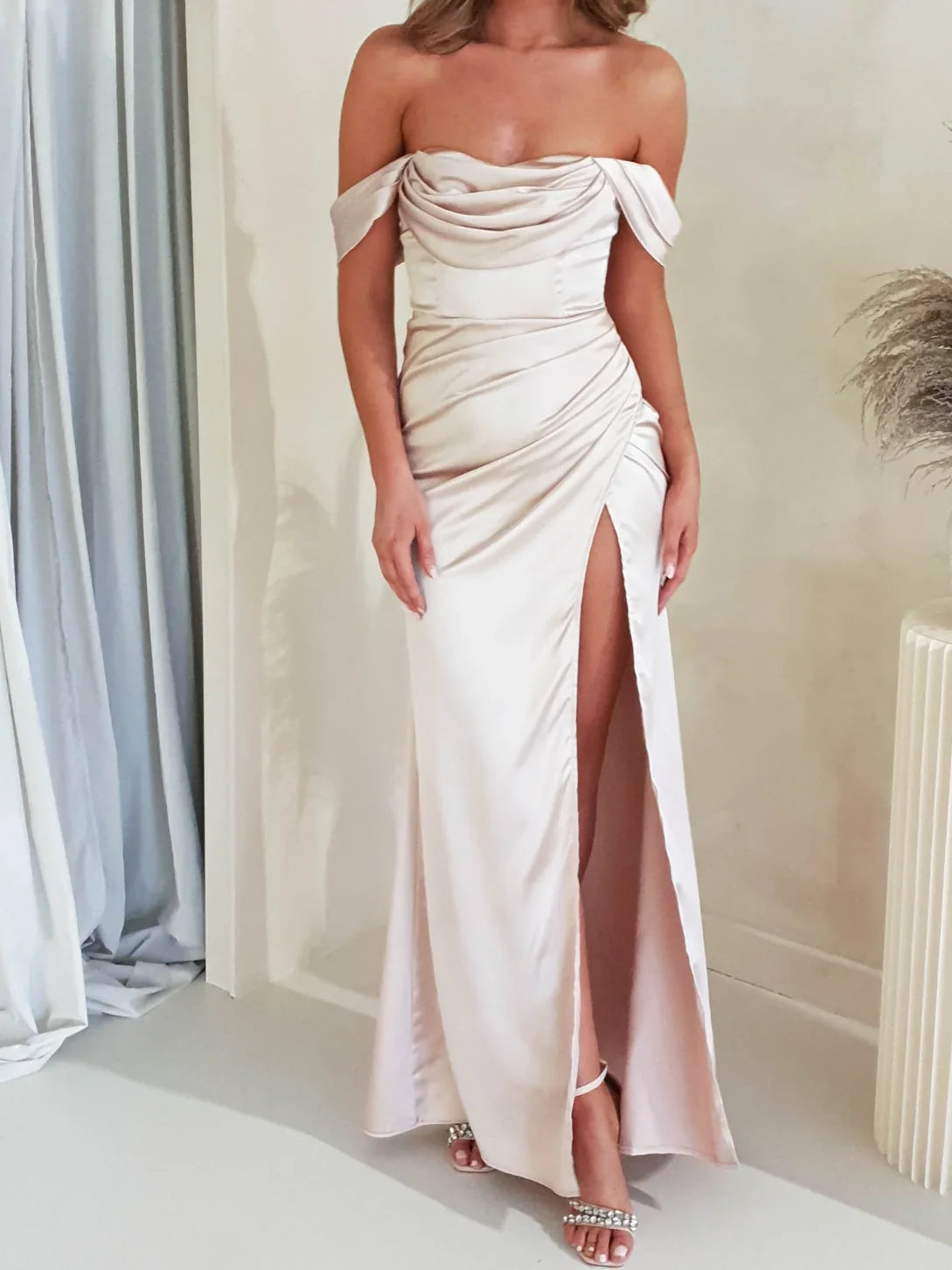 Champagne sheath floor-length formal dress with skirt slit, alternate view