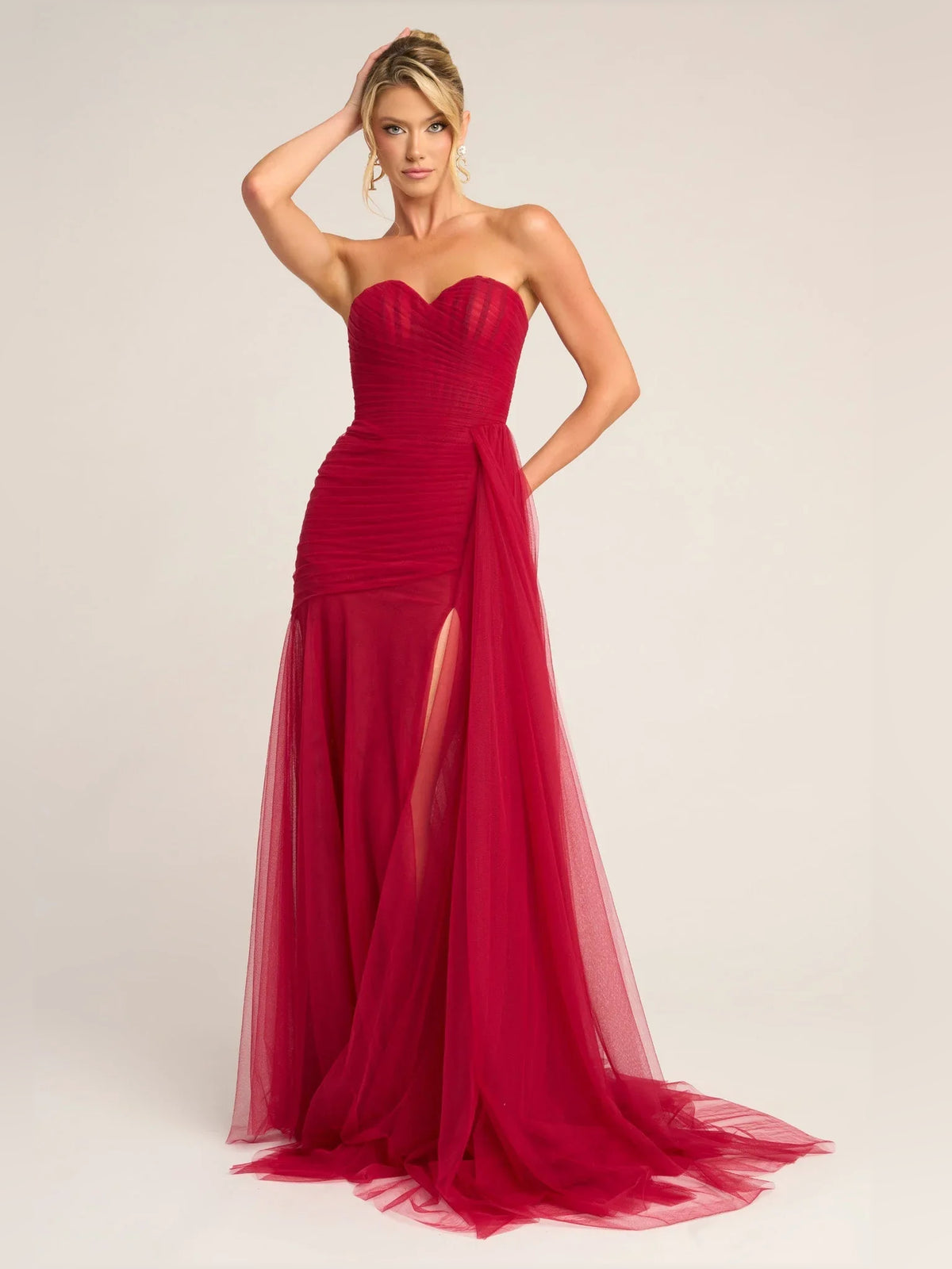 Red mermaid floor-length formal dress with skirt slit, alternate view