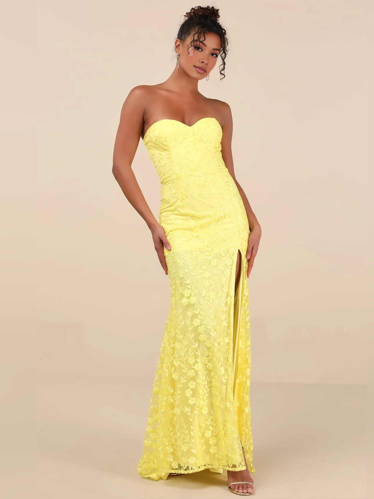 Yellow maxi prom dress, alternate view showing the bodice and skirt