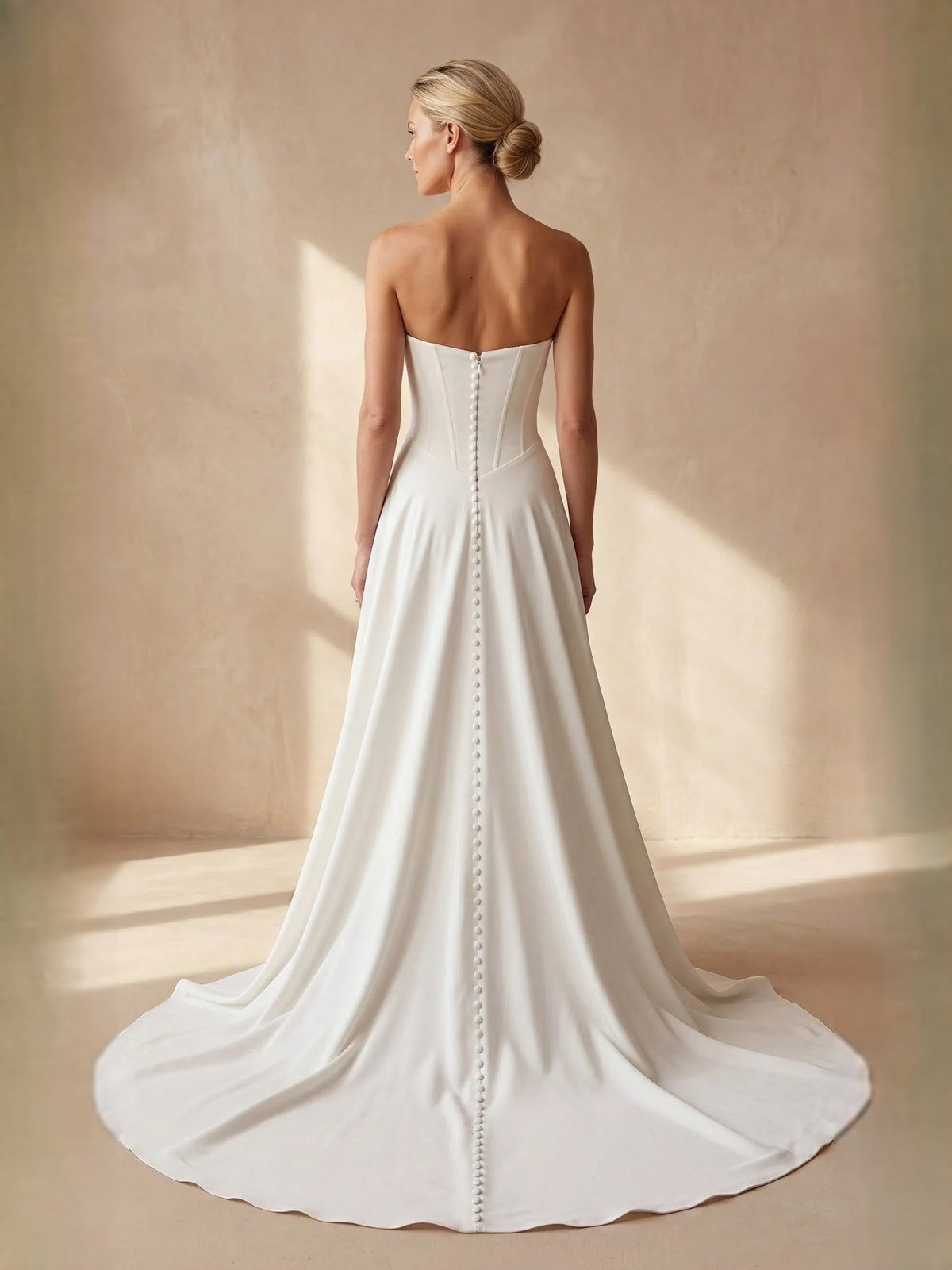 Ivory floor-length wedding dress, alternate view showing the bodice and skirt from another angle