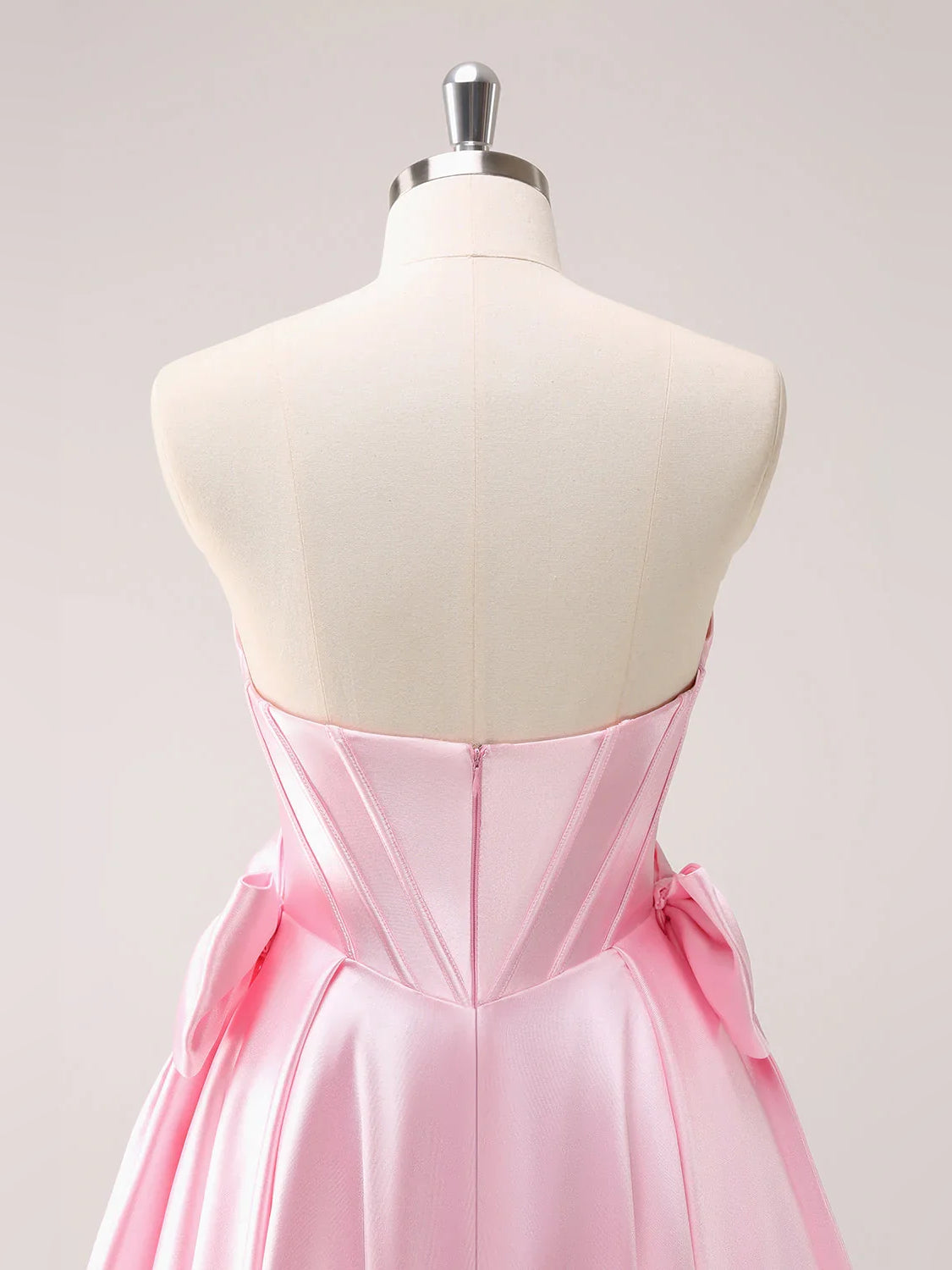 Pink short homecoming dress, alternate view showing the bodice and skirt
