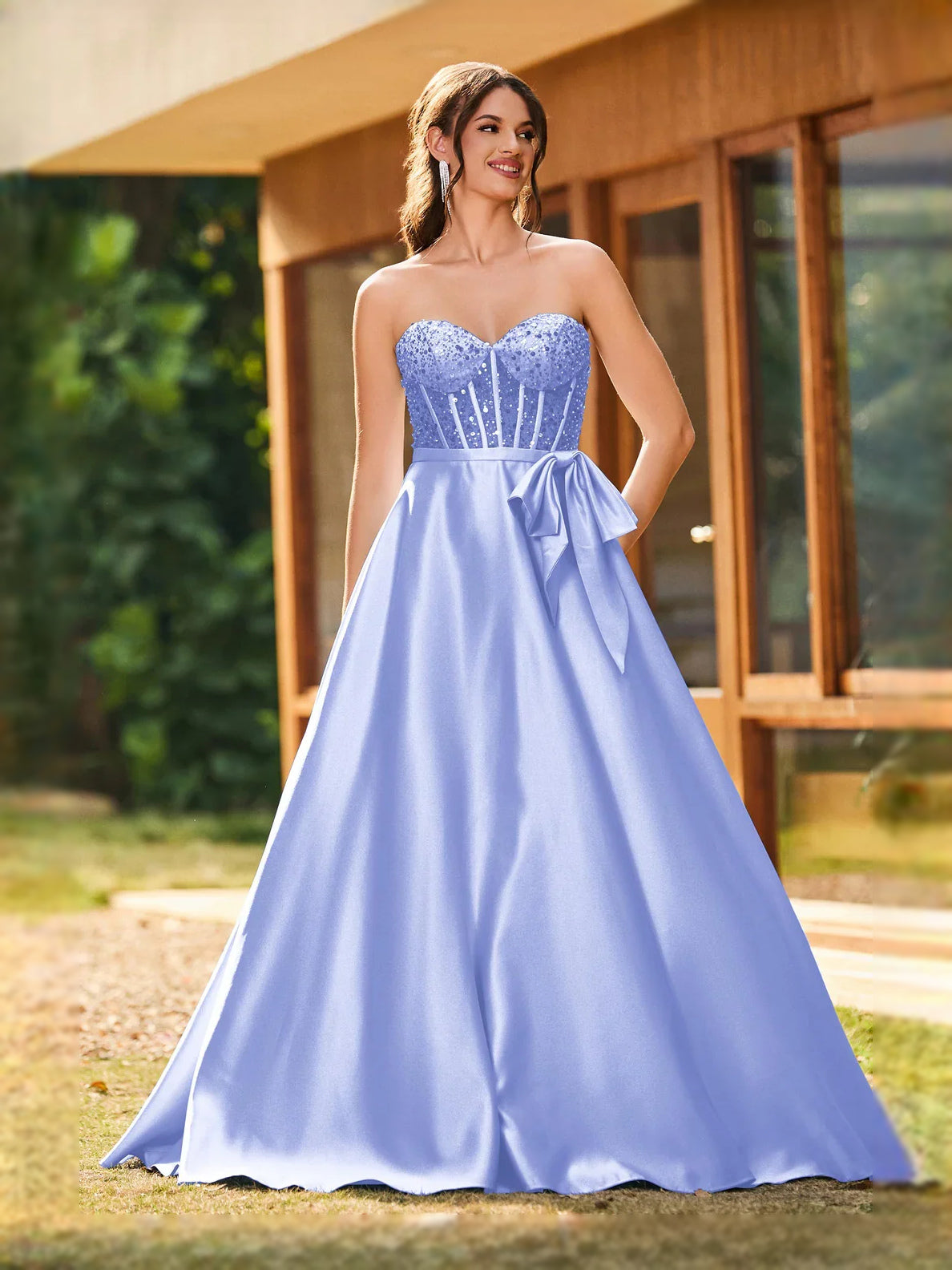 Lavender floor-length prom dress, alternate view showing the bodice and skirt