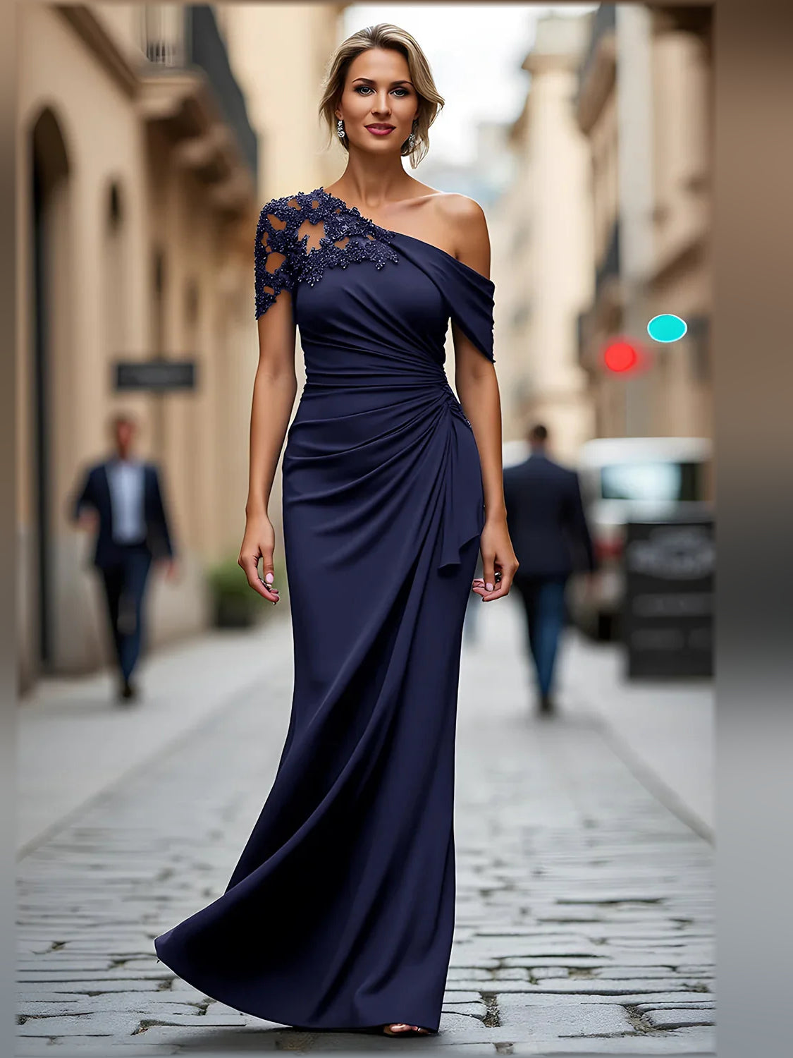 Navy Blue mermaid floor-length formal dress with beading, alternate view