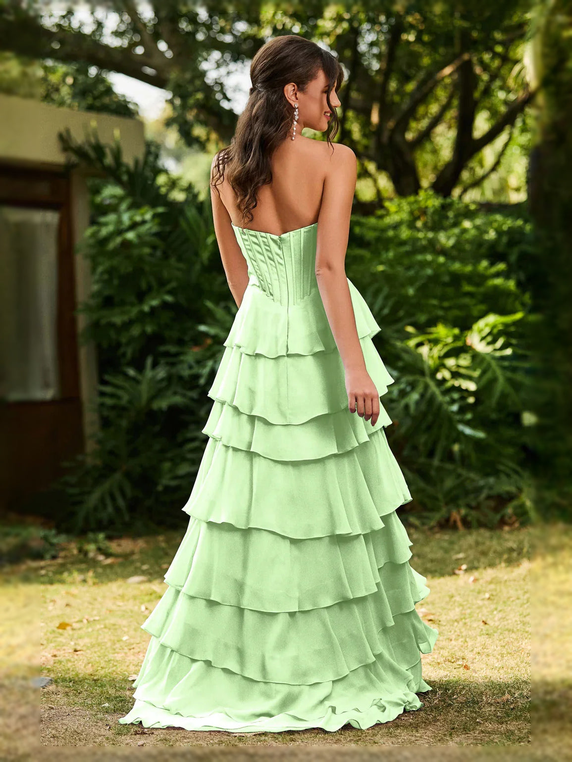 Lilac maxi prom dress, alternate view showing the bodice and skirt from another angle