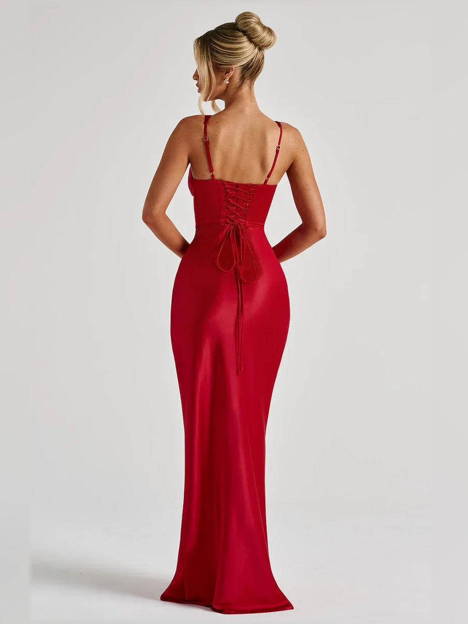 Black mermaid floor-length formal dress with corset-style bodice, alternate view showing the overall silhouette