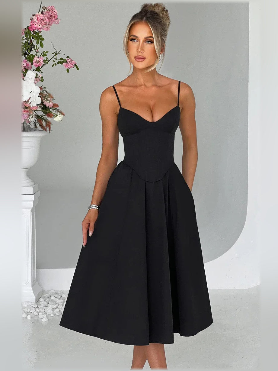Black a-line tea-length formal dress with corset-style bodice, alternate view