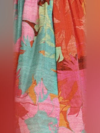 Orange Floral mini homecoming dress, alternate view showing the bodice and skirt from another angle
