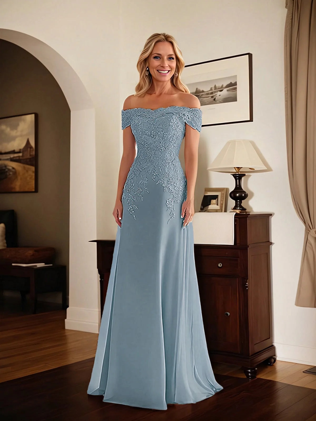 Steel Blue floor-length mother of the bride dress, alternate view showing the bodice and skirt