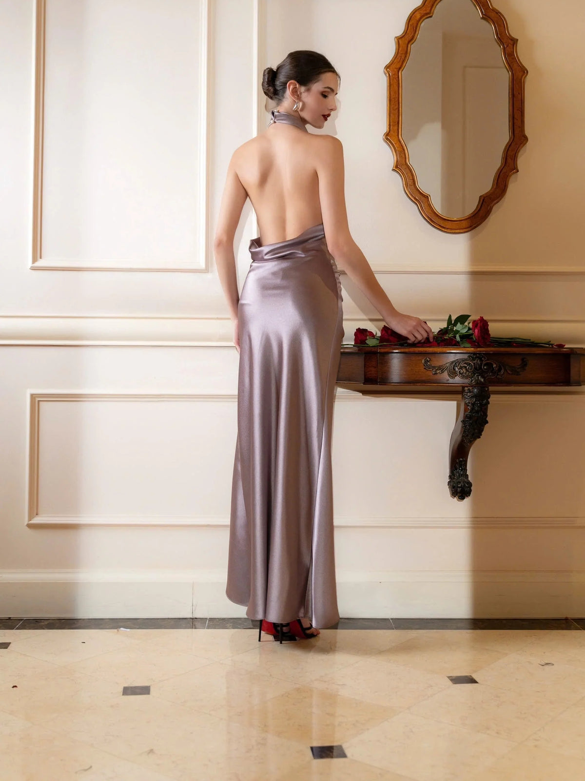 Ivory white maxi prom dress, alternate view showing the bodice and skirt from another angle