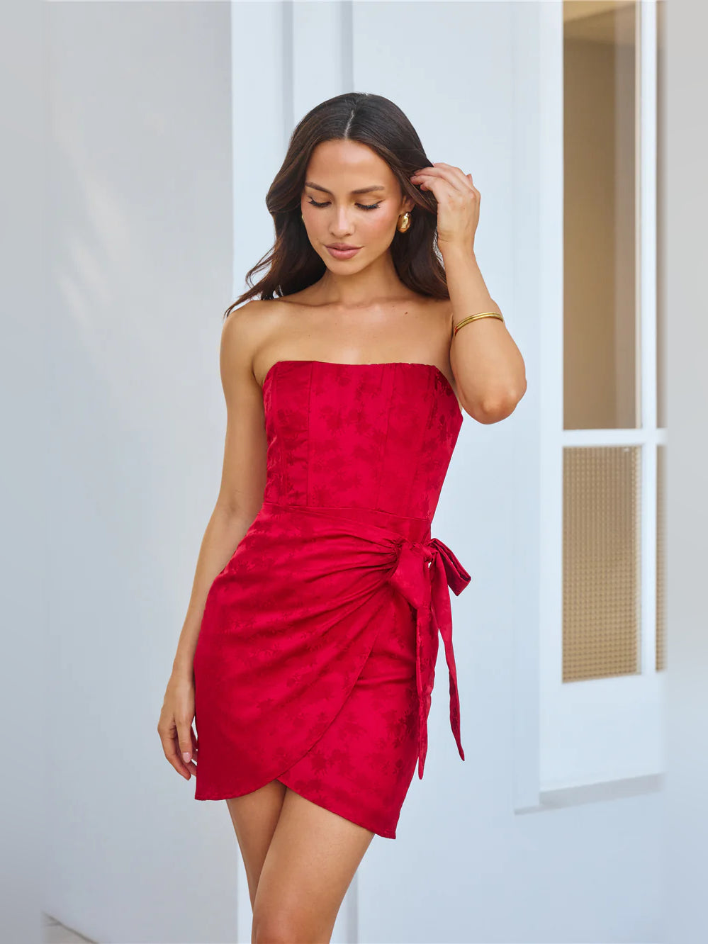 Red mini homecoming dress, alternate view showing the bodice and skirt from another angle