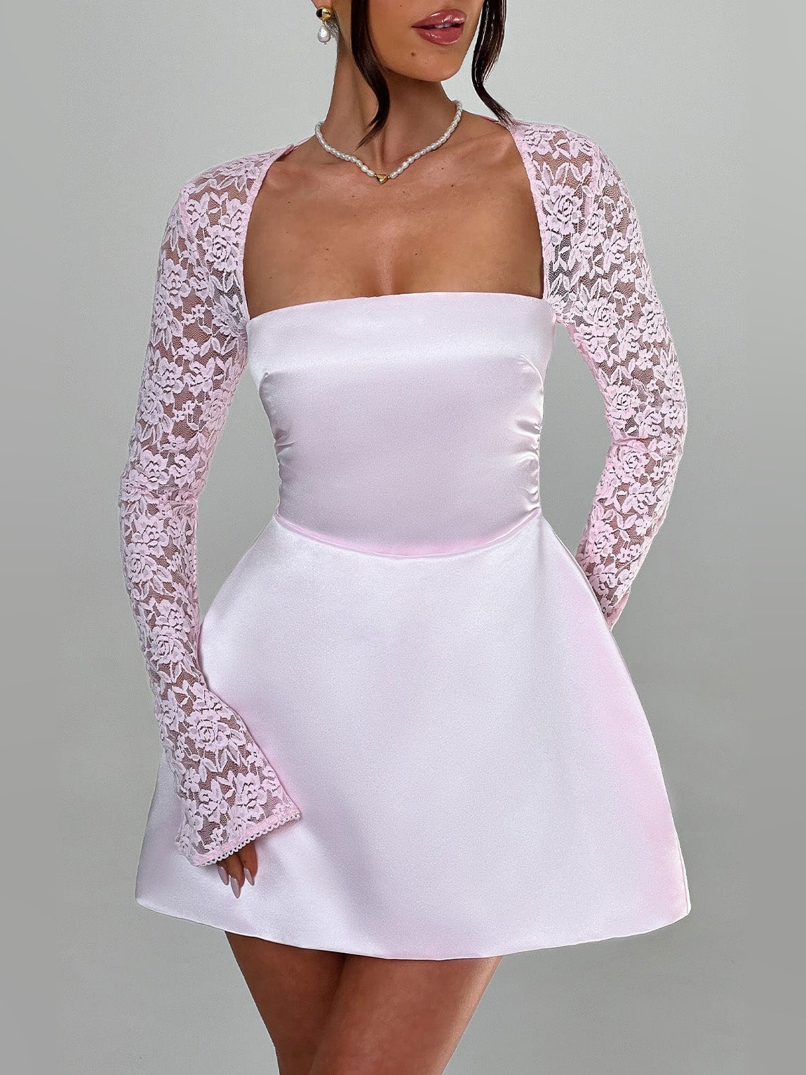 Blush mini homecoming dress, alternate view showing the bodice and skirt from another angle