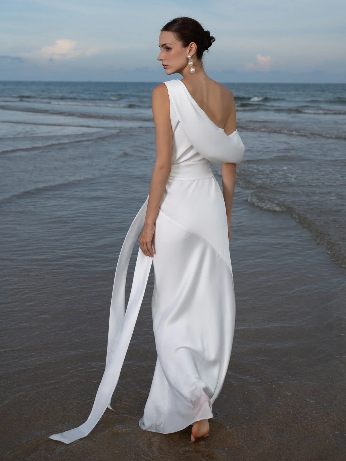 White midi wedding dress, alternate view showing the bodice and skirt from another angle