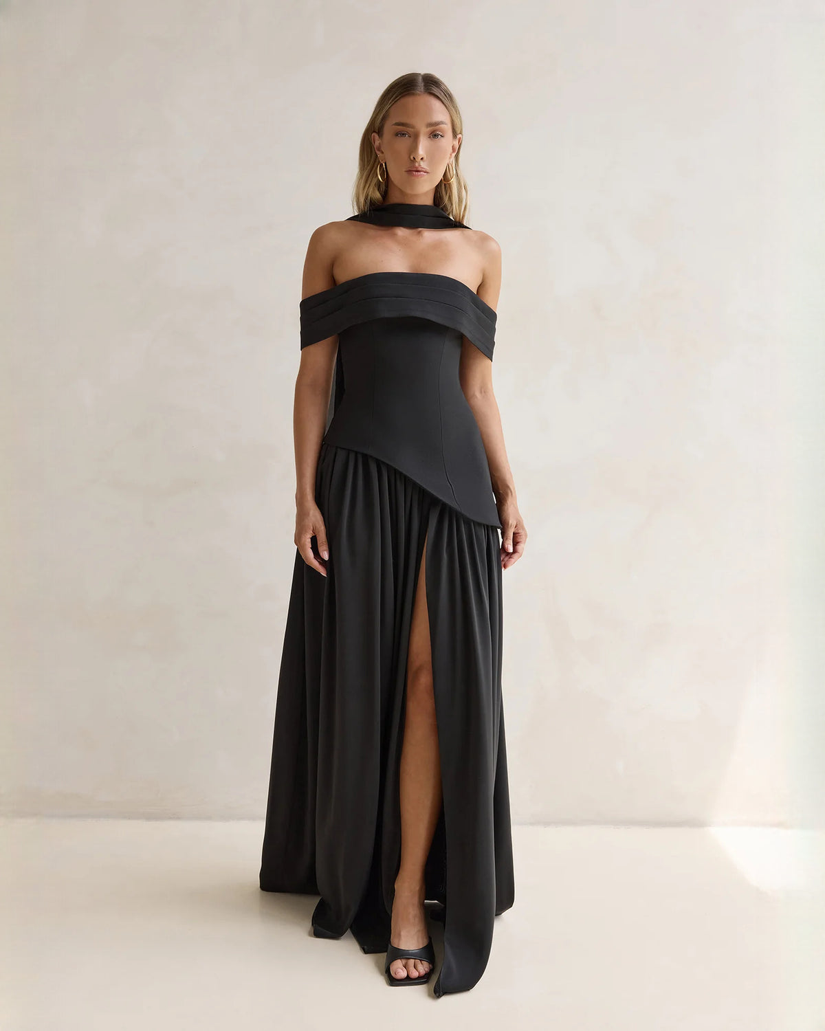 off-shoulder satin a-line maxi bridesmaid dress - image 8