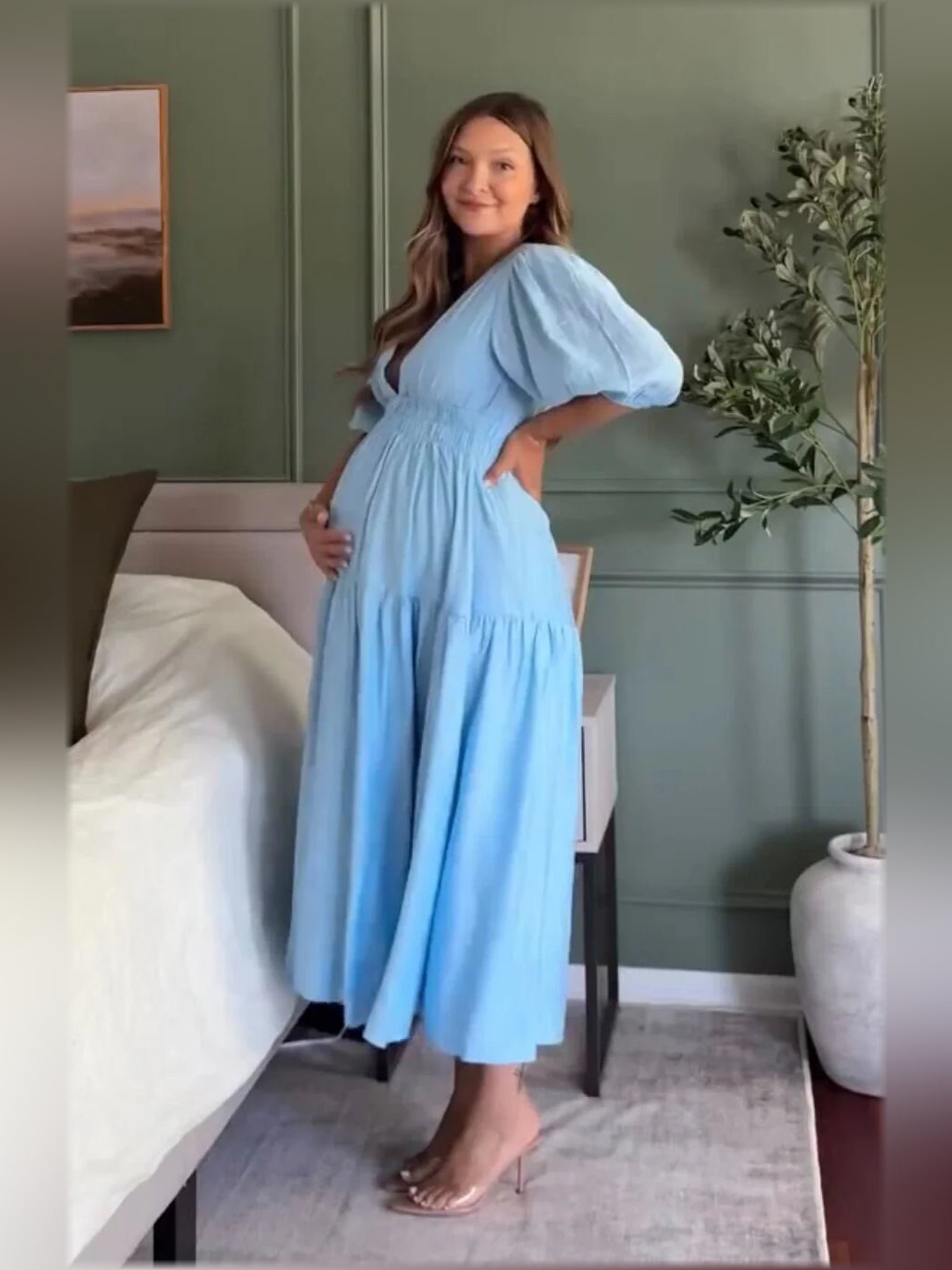 Blue midi formal dress, alternate view showing the overall silhouette