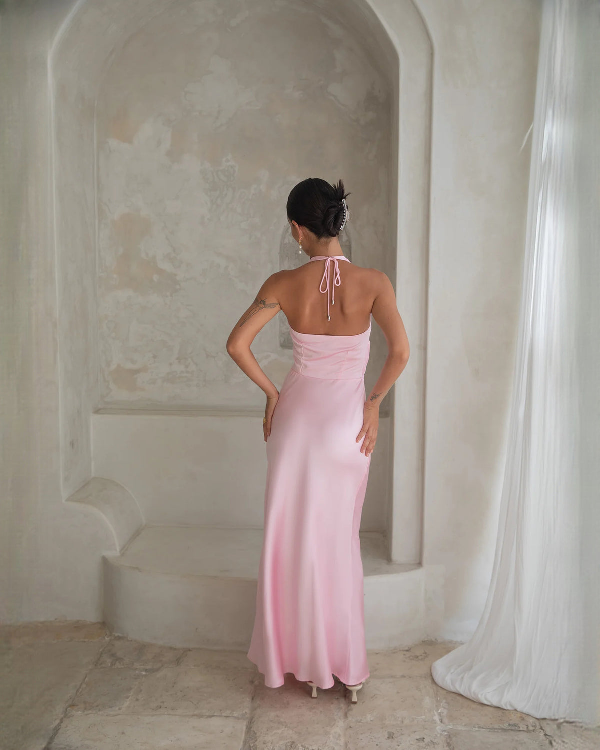 halter neck structured satin a-line maxi bridesmaid dress - image 8