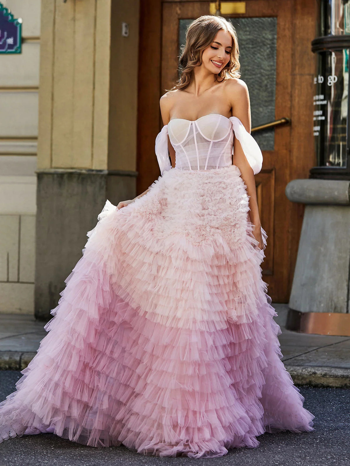 Dusty Blue floor-length prom dress, alternate view showing the bodice and skirt from another angle