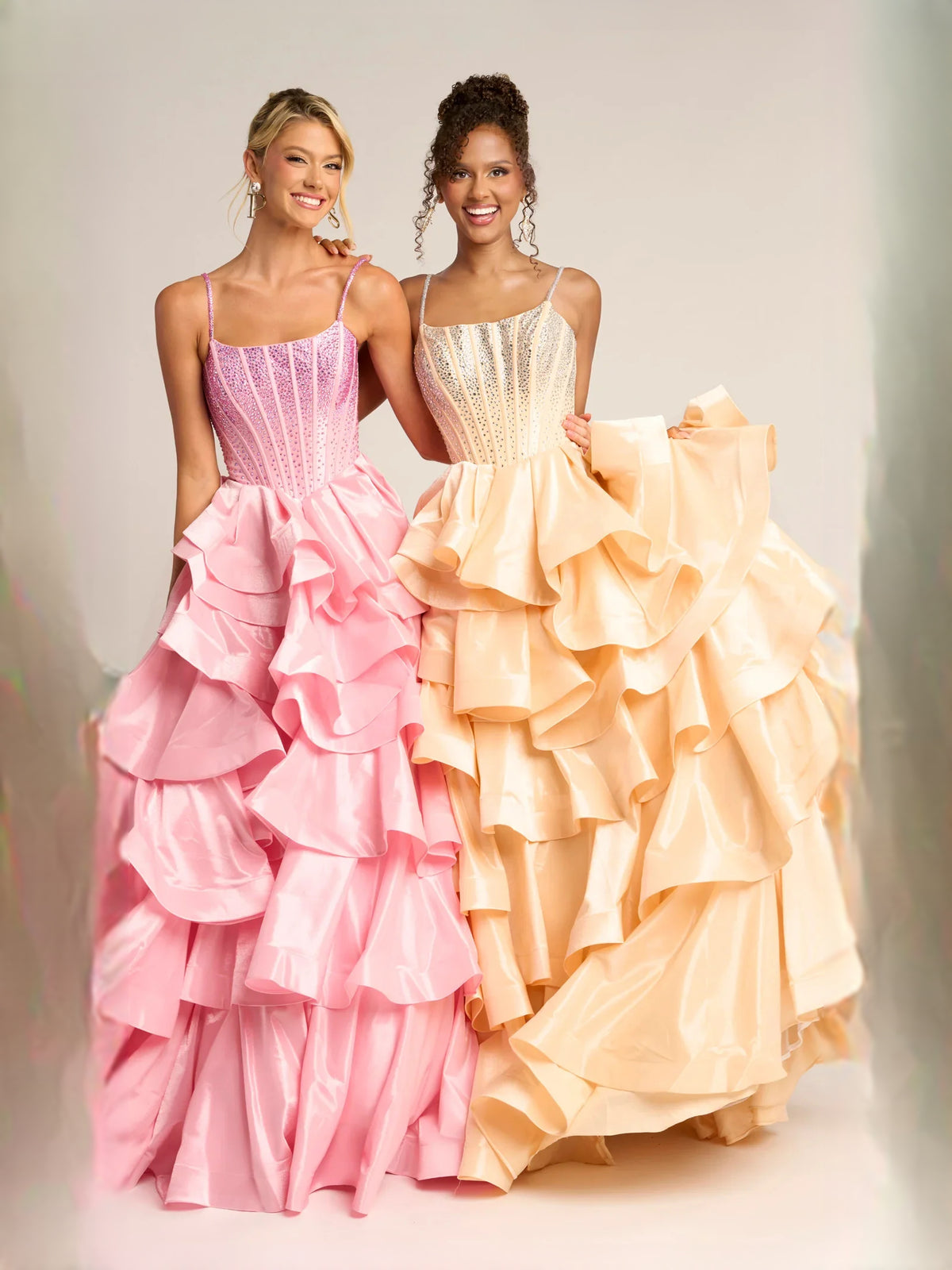 Champagne floor-length prom dress, alternate view showing the bodice and skirt