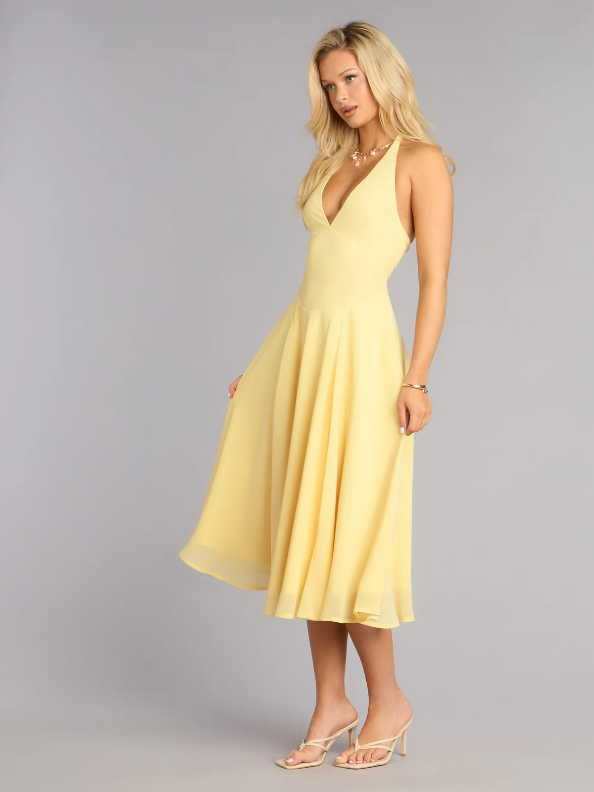 Blue midi formal dress, alternate view showing the overall silhouette