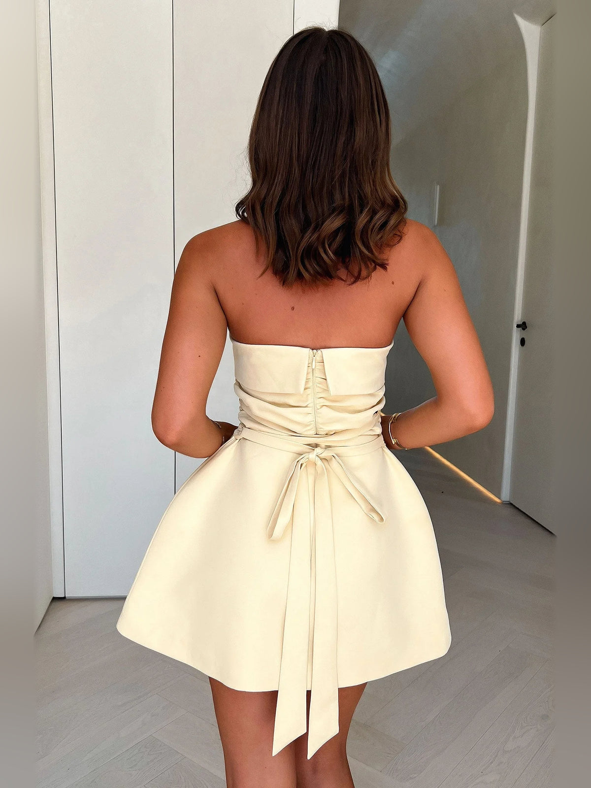 Ivory white mini homecoming dress, alternate view showing the bodice and skirt