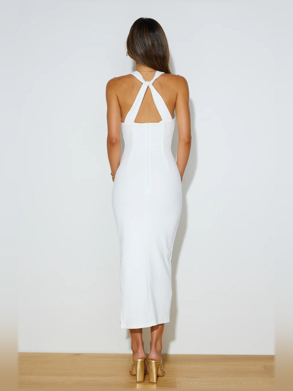 White midi formal dress, alternate view showing the overall silhouette