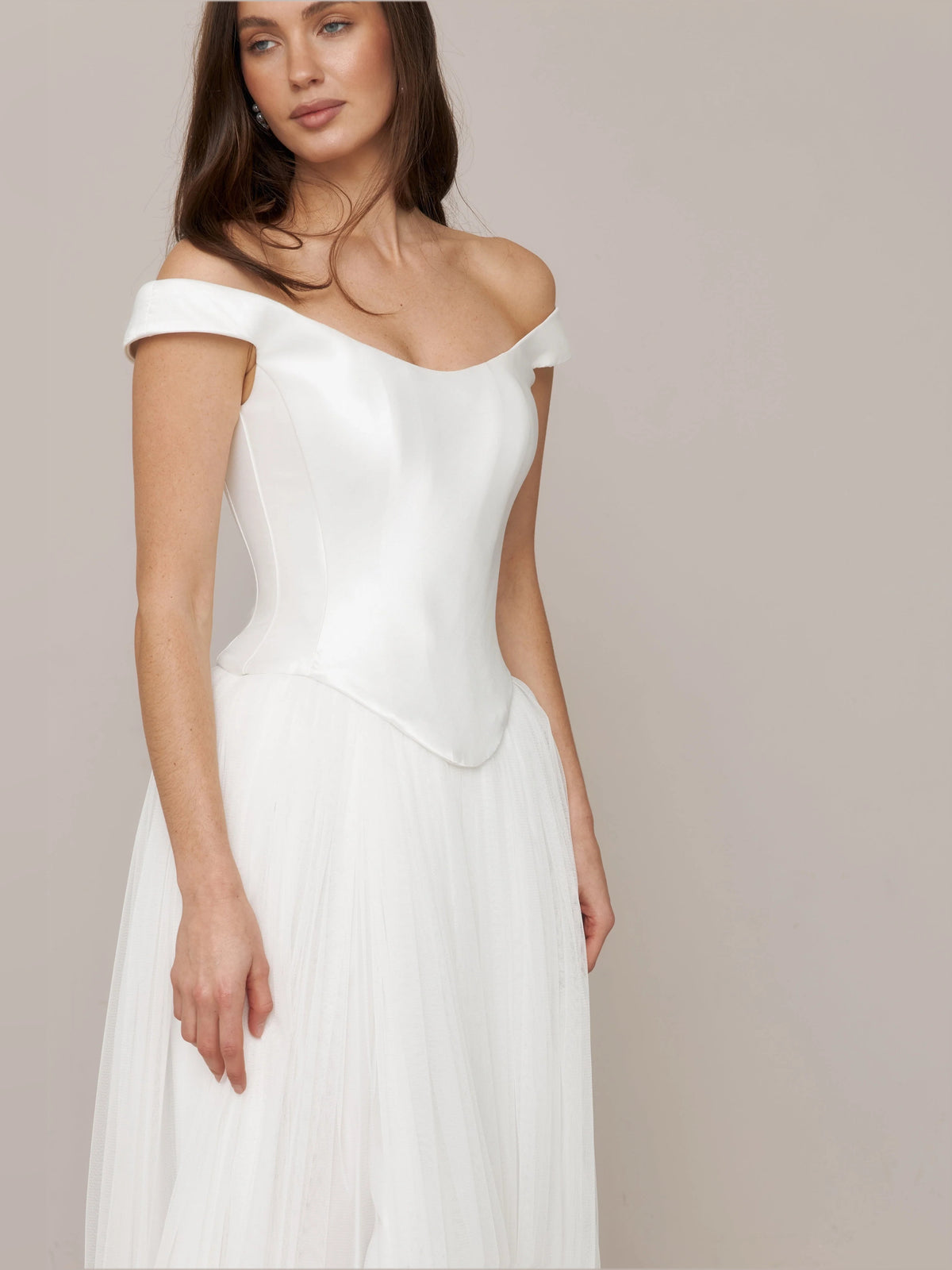 Ivory floor-length wedding dress, alternate view showing the bodice and skirt from another angle