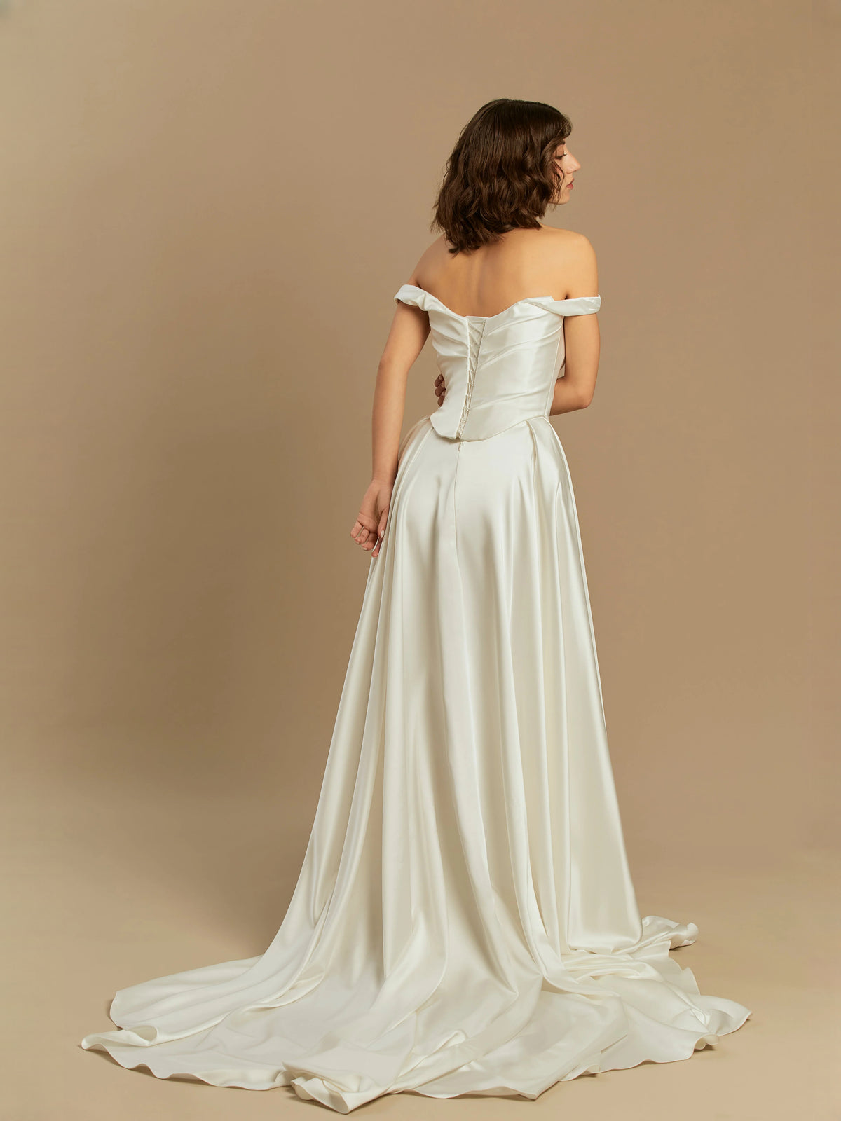 Ivory floor-length wedding dress, alternate view showing the bodice and skirt from another angle