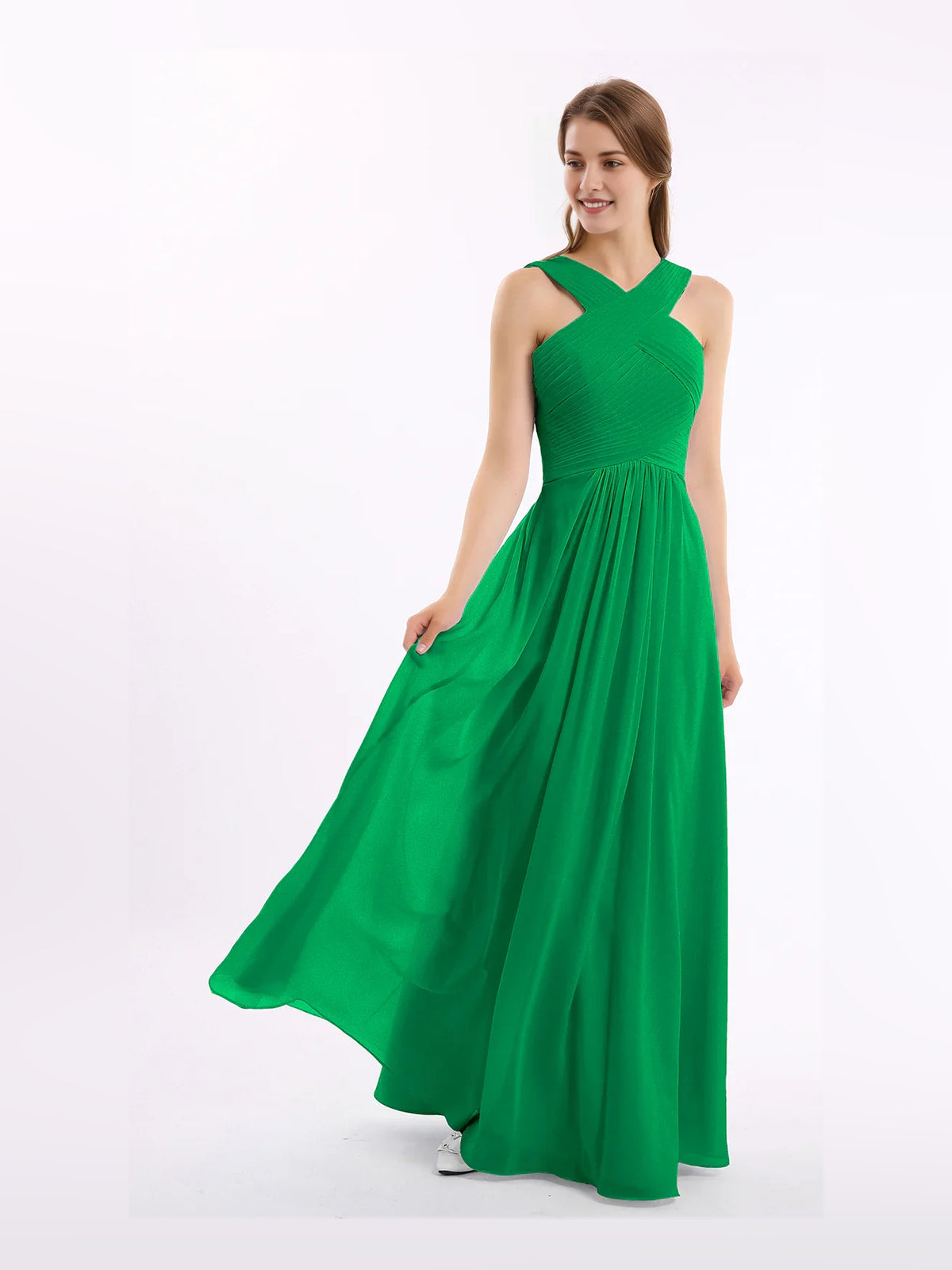 Champagne maxi bridesmaid dress, alternate view showing the bodice and skirt