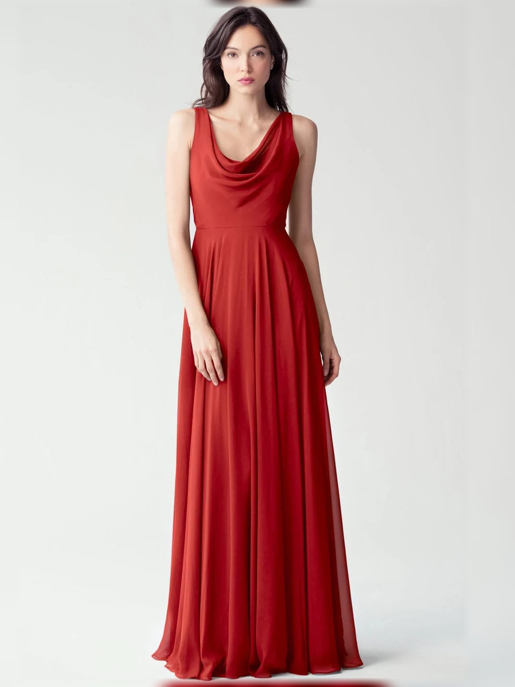 Red floor-length bridesmaid dress, alternate view showing the bodice and skirt