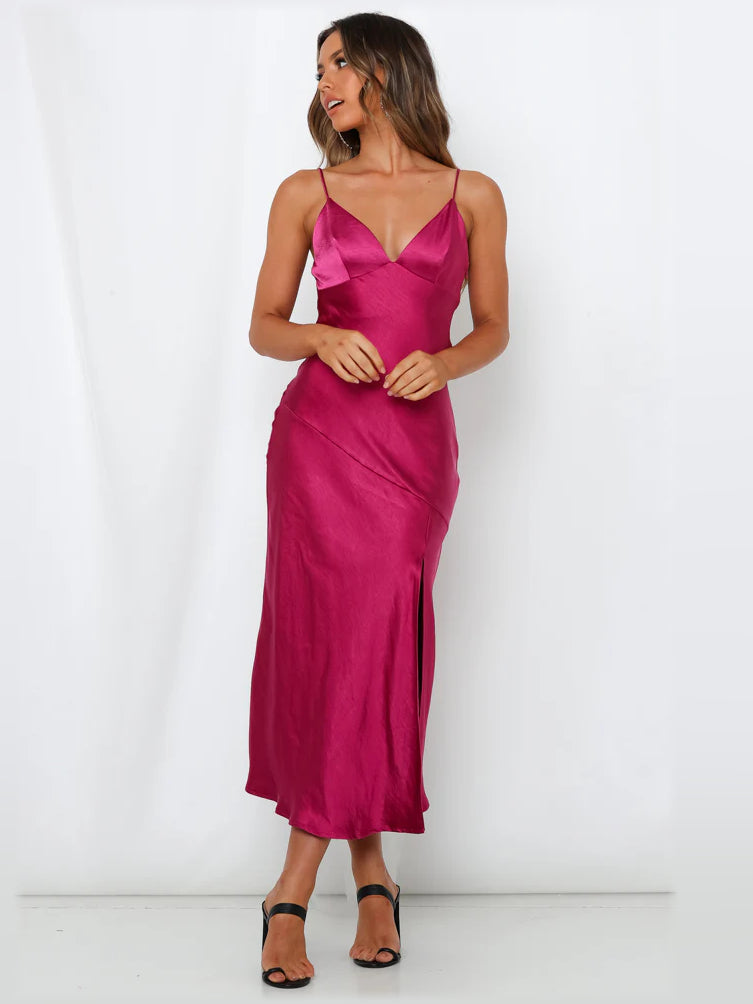 Fuchsia midi formal dress, alternate view showing the overall silhouette