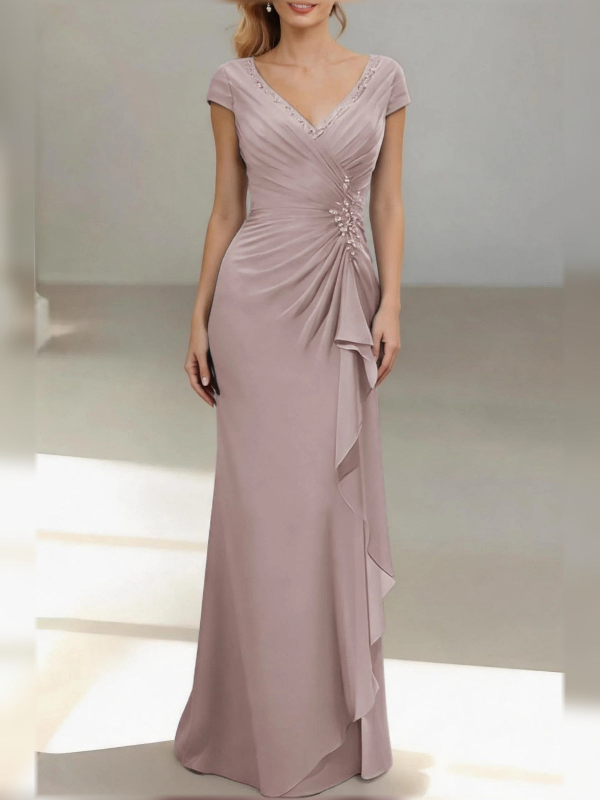 Dusty Rose floor-length mother of the bride dress, alternate view showing the bodice and skirt