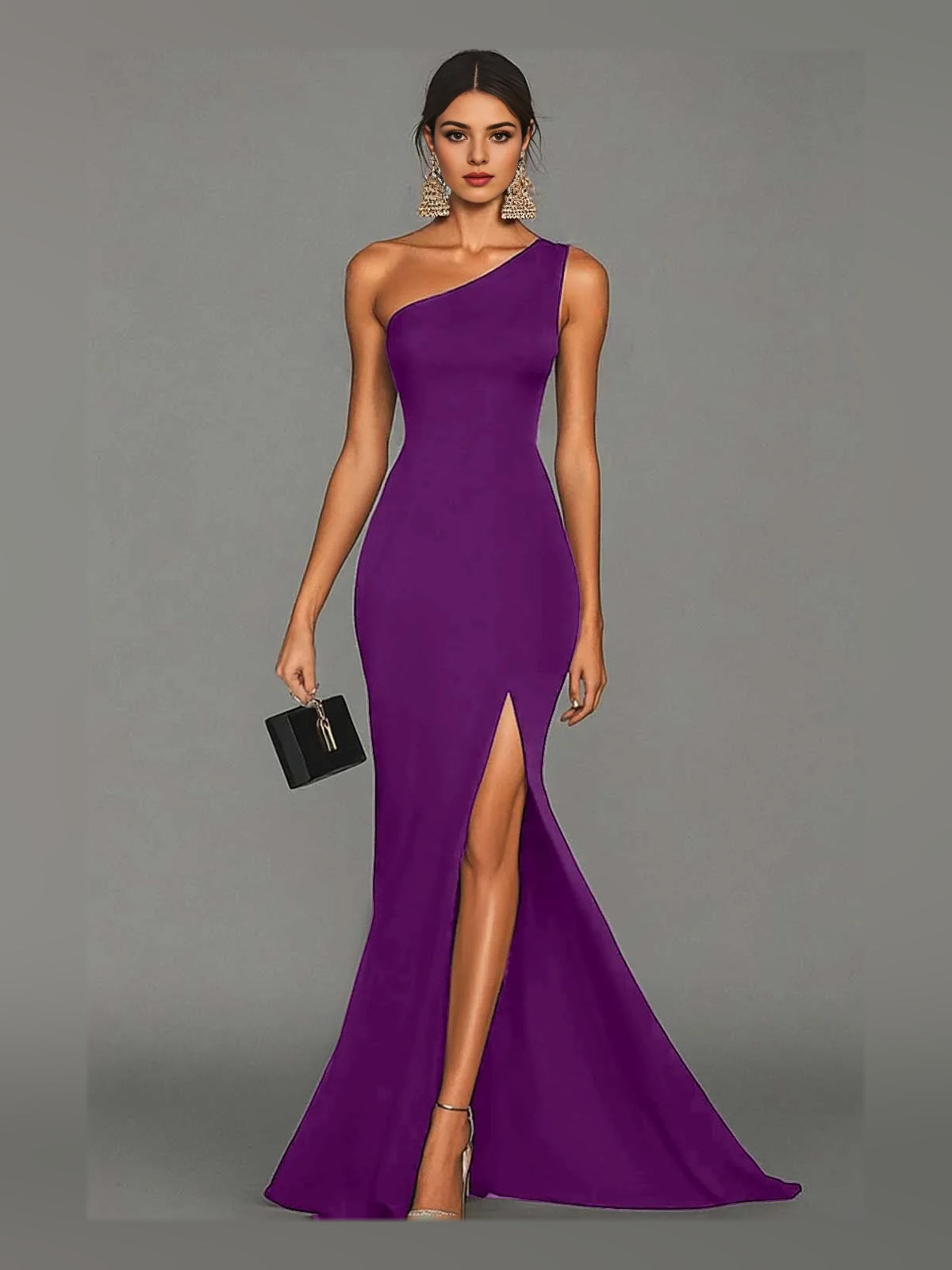 Purple maxi prom dress, alternate view showing the bodice and skirt