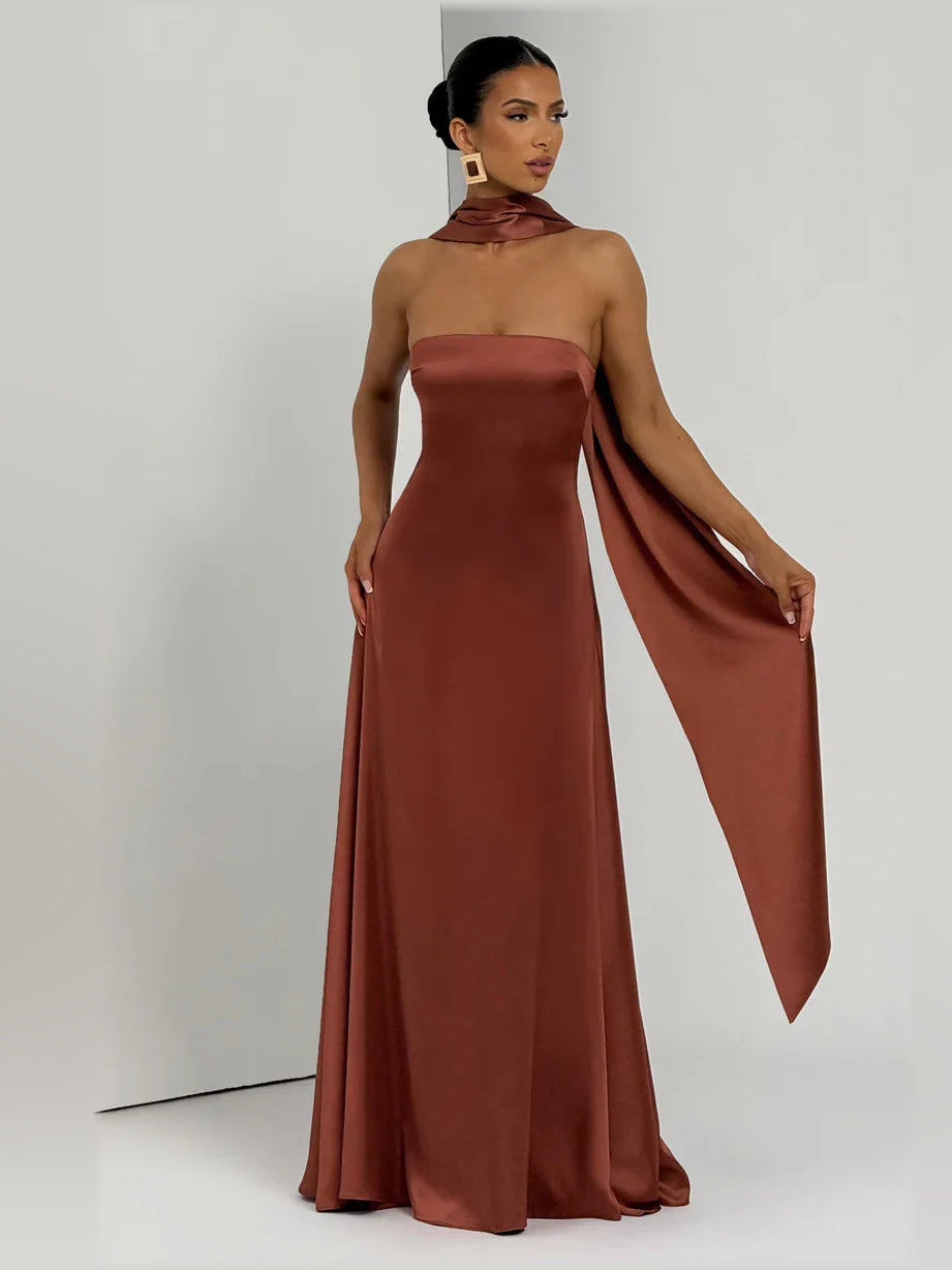 Olive Green a-line floor-length formal dress with corset-style bodice, alternate view showing the overall silhouette