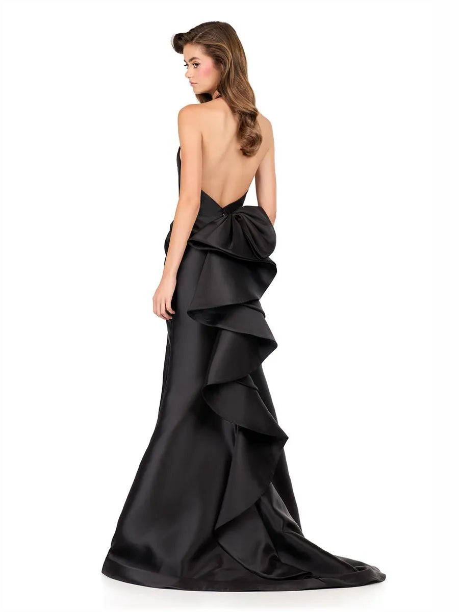 Red a-line floor-length formal dress with corset-style bodice, alternate view showing the overall silhouette