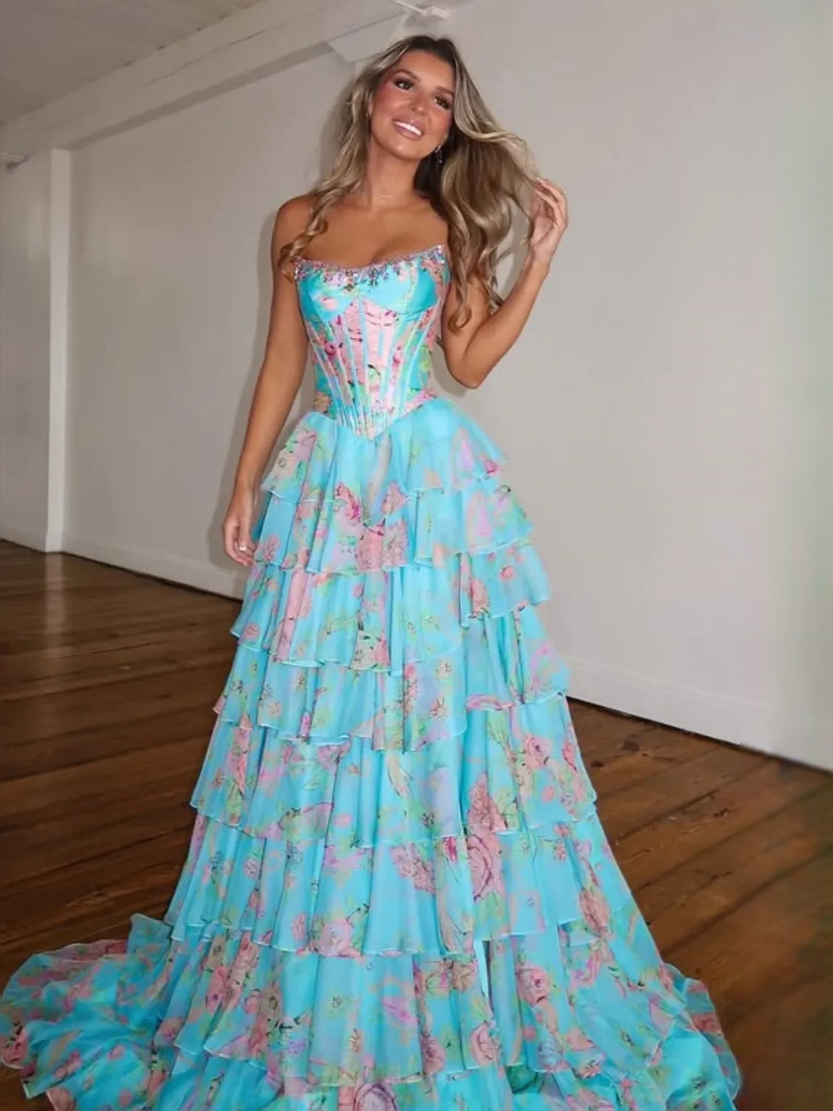 Jade floor-length prom dress, alternate view showing the bodice and skirt