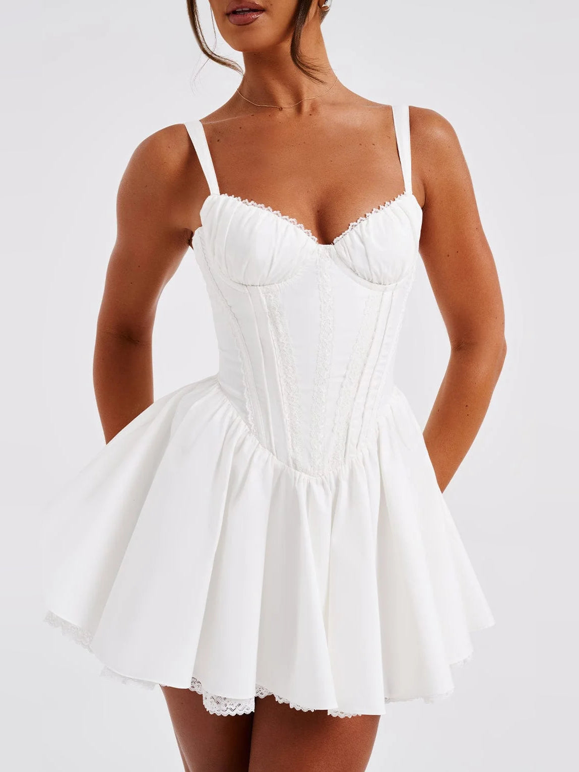 White mini homecoming dress, alternate view showing the bodice and skirt from another angle