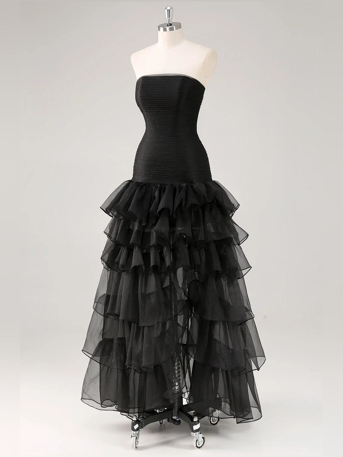 Black high-low prom dress, alternate view showing the bodice and skirt from another angle